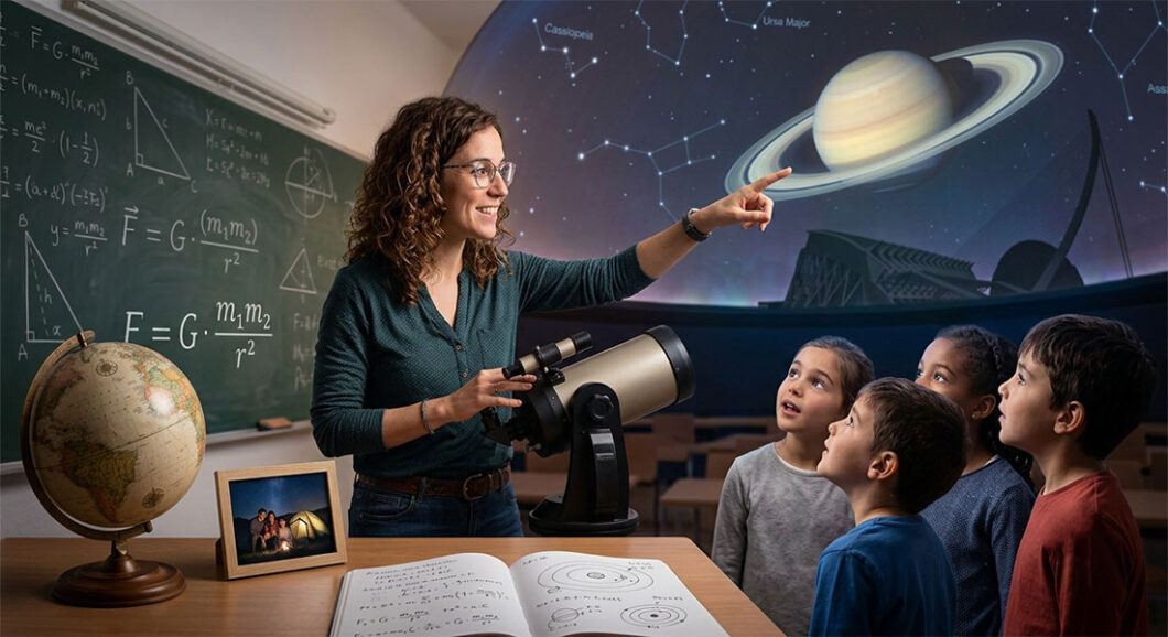 Ana Tiebas Ortega explicando la ley de la gravitación y astronomía a un grupo de niños en un taller de divulgación científica.