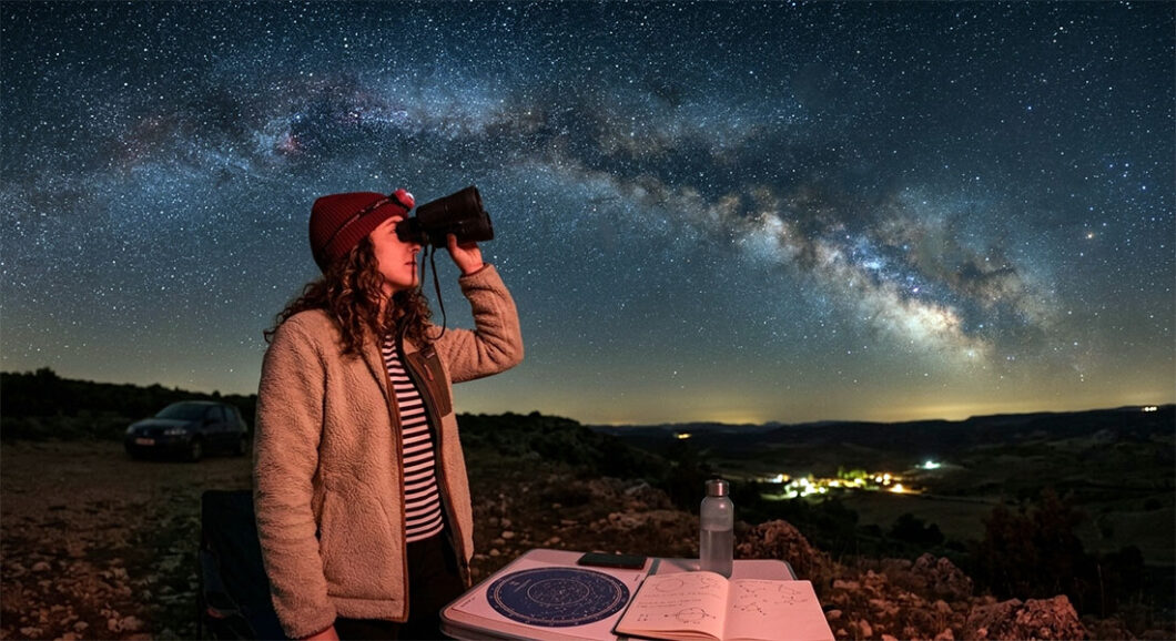 Una mujer observa el cielo nocturno y la Vía Láctea con prismáticos astronómicos junto a un planisferio iluminado con luz roja.